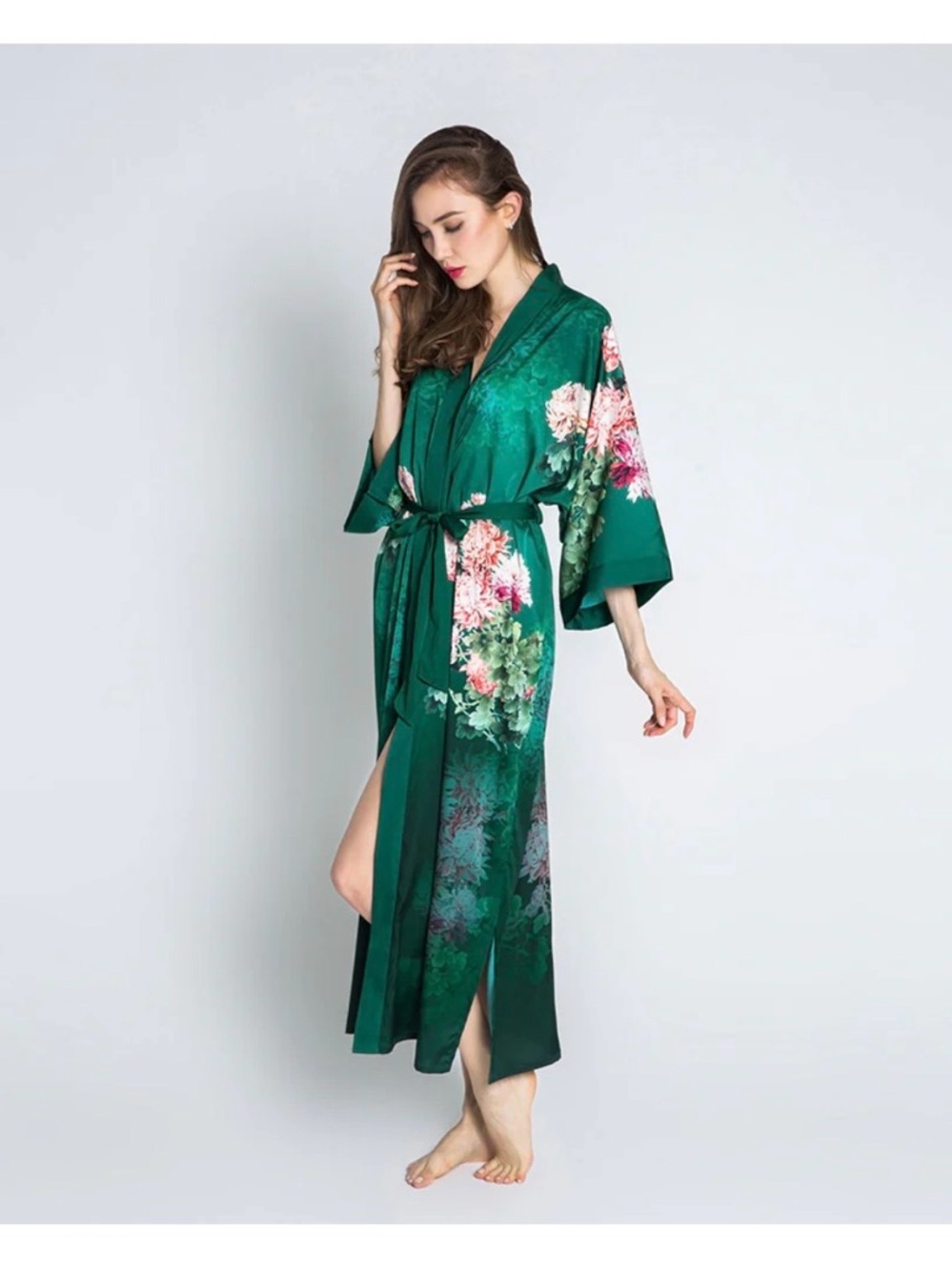 Floral Satin Long Kimono Robe in Emerald Green with Chrysanthemum Detailing - Picture 2 of 10